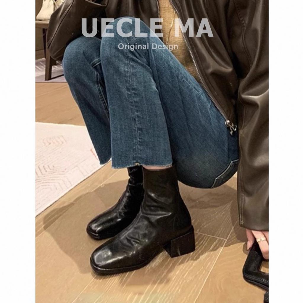 Cowhide~ Short Boots Women's Brown Korean Small Ankle Boots Martin Boots Chelsea Skinny Boots Women's French High Heels Autumn and Winter