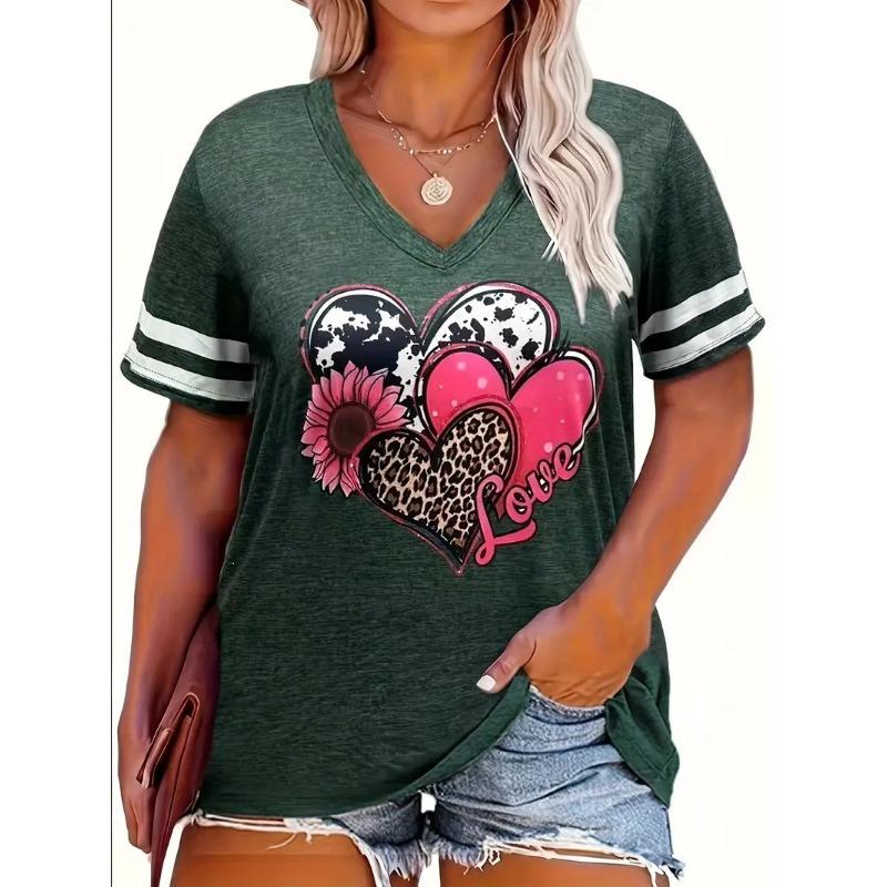 Summer V-neck 3D Love Sunflower Printed Top Fashionable Casual Short Sleeved Women's T-shirts