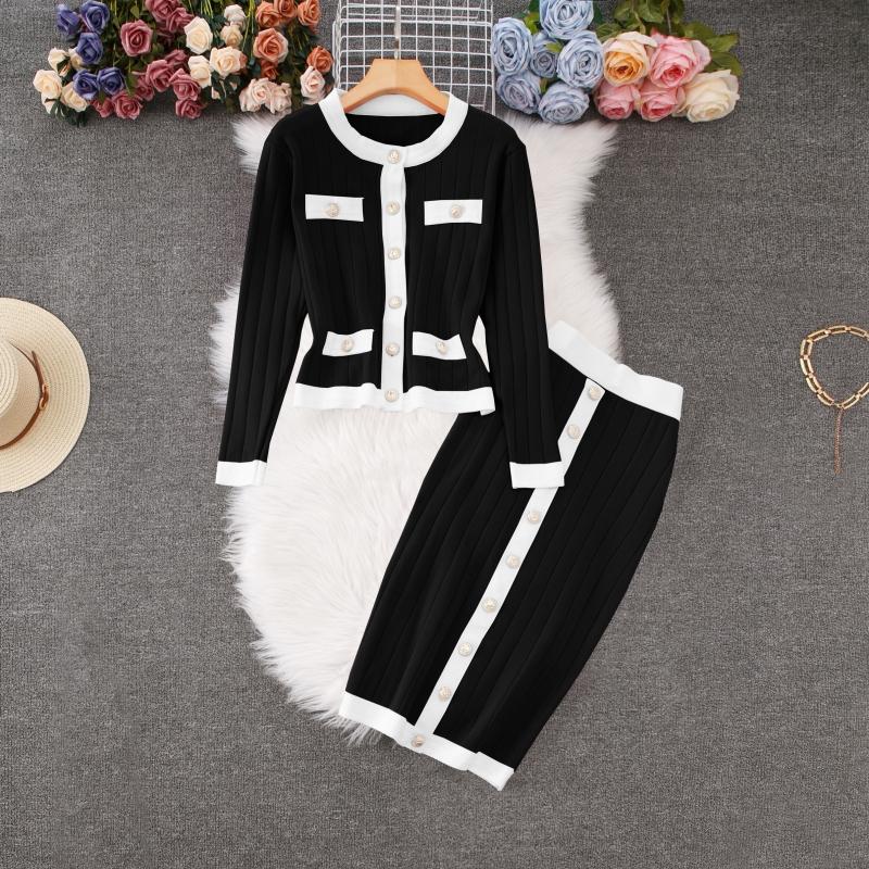 

Осенне-зимний женский элегантный вязаный свитер из двух частей, куртка с длинными рукавами, пальто и облегающая юбка-футляр One Size чёрный