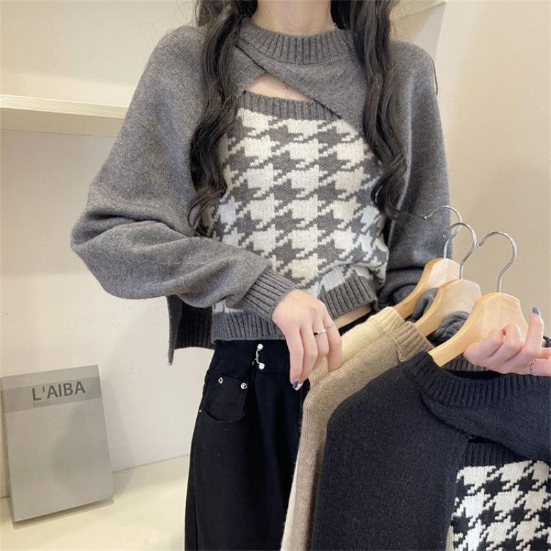 Cardigan tricotat Camisolă Costum de toamnă din două piese Purtați Tricouri în carouri Maioara mică Femei