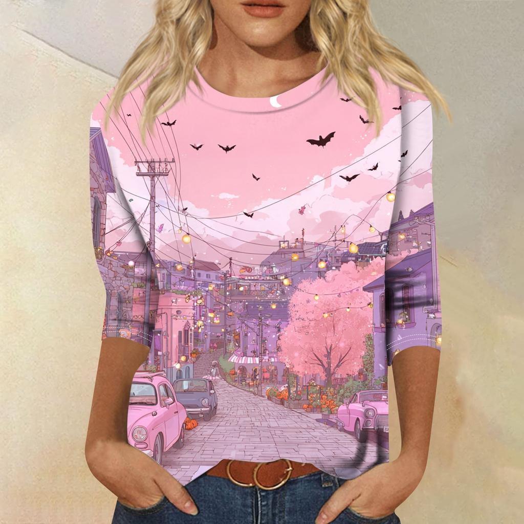 Women's Fashion Casual Round Neck Three-quarter Sleeve Halloween Printed T-shirt Top