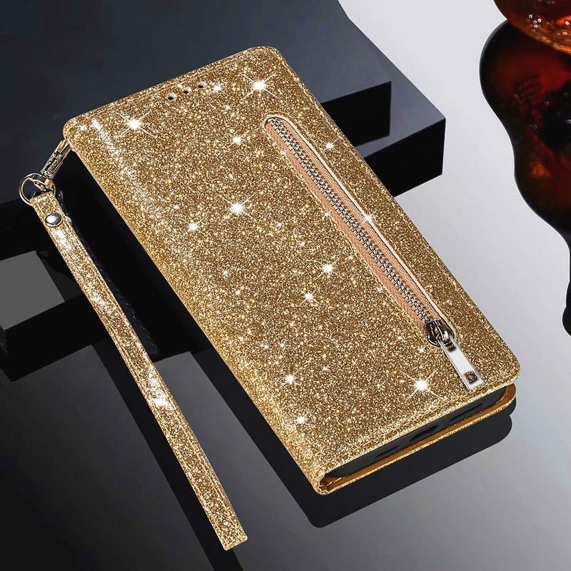 Custodia a Portafoglio Flip in Pelle con Zip Glitterata Per Samsung A57 A37 A17 A56 A36 A26 A16 A55 A35 A25 A15 A54 A34 5G S21 FE S22 S23 S24 Plus S25 Edge S26 Ultra