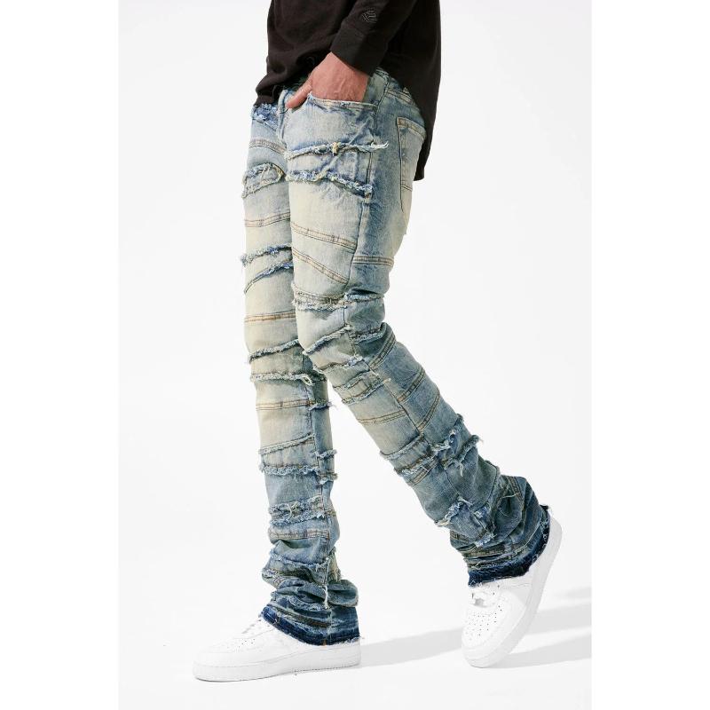 Jeans a zampa impilata da uomo Slim Fit Strappati Patch Usurati Distrutti Denim Retrò Pantaloni Hip Hop Street Pantaloni con Sovrapposizione Micro