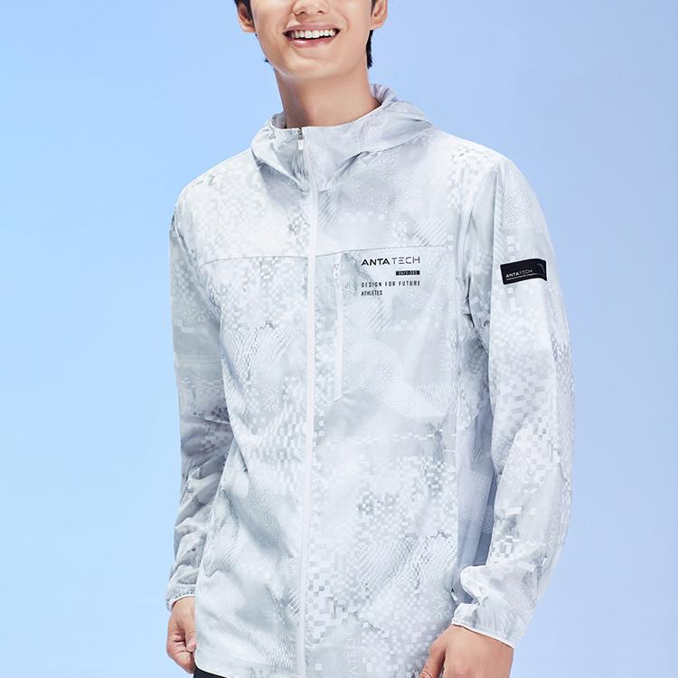 Anta Training Series Printed Letter Zipper Hooded Long Sleeve Sun Protection Jacket Men jackets Pure-White 152327613-5