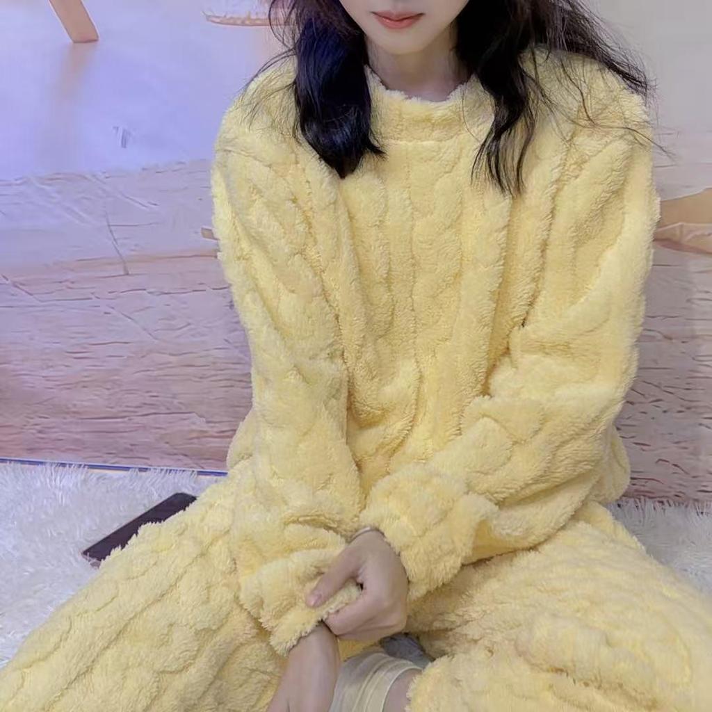 Winter 2023 Solid Color Jacquard Pajamas Set - Women's Thick Warm Loungewear for Couples