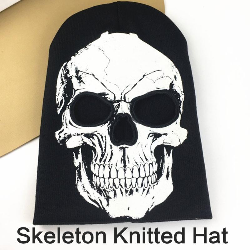 Halloween Skull Knitted Hat Soft Acrylic Adult Unisex Face Mask Hat Headgear For Costume Parties Outdoor Activity