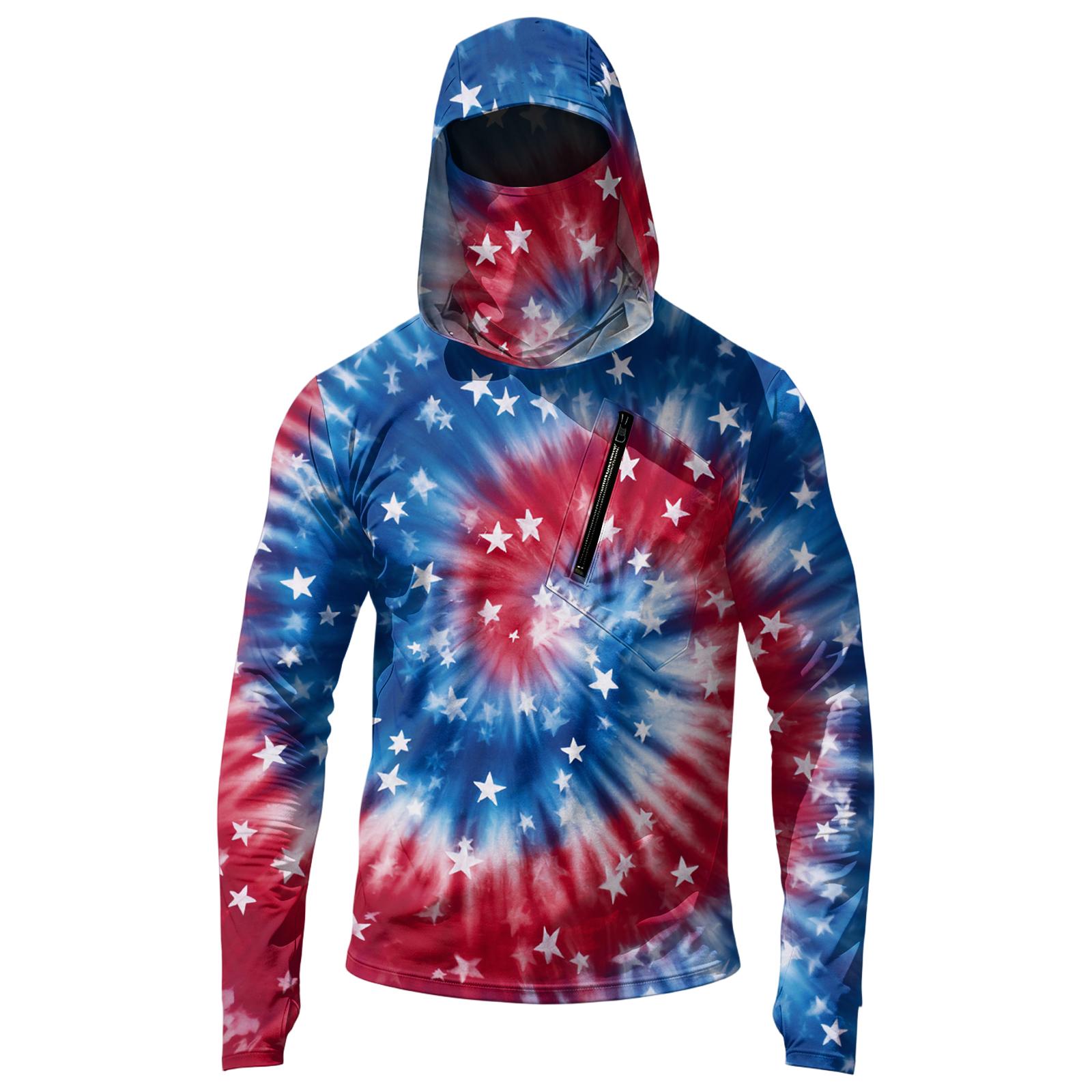 

Men’s Casual Hooded Long Sleeve Sun Protection Top with Independence Day Print Lightweight Pullover for Outdoor Activities L синий