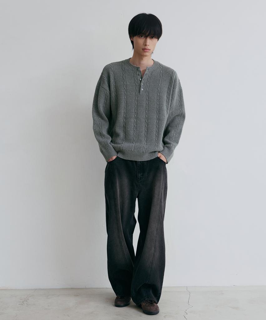 NODU Soft Henley Neck Round Long Sleeve Knit [Gray]
