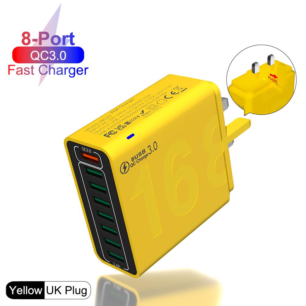 8-Port QC3.0 Fast Charging Travel Charger for Europe, America & Korea - Mobile Phone Charger