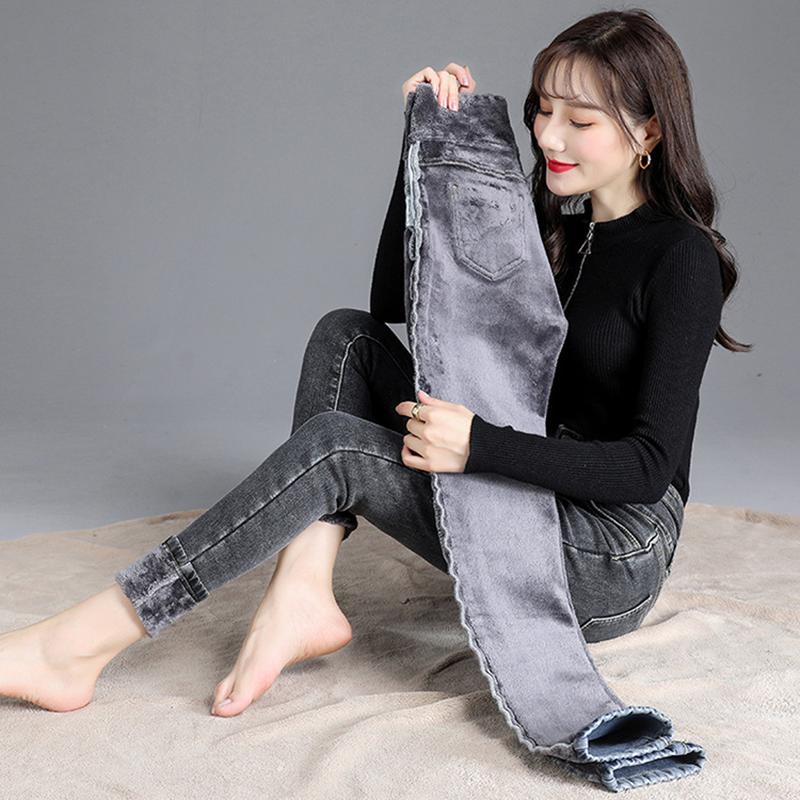 Winter Slim Fit High Waist Denim Jeans Women Solid Warm Velvet Denim Pencil Pants Casual Straight Solid Vintage Office-lady Jeans Trousers 30108
