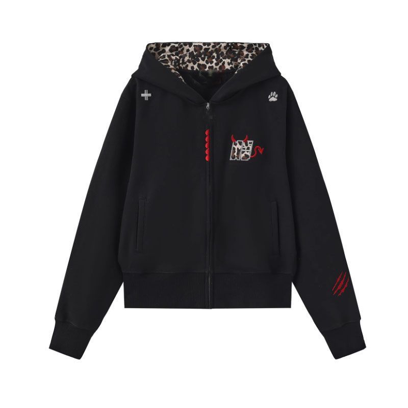Spot American Embroidery Demon Leopard Hooded Zipper Sweater 2025 Autumn New Trend Versatile Jacket #2236