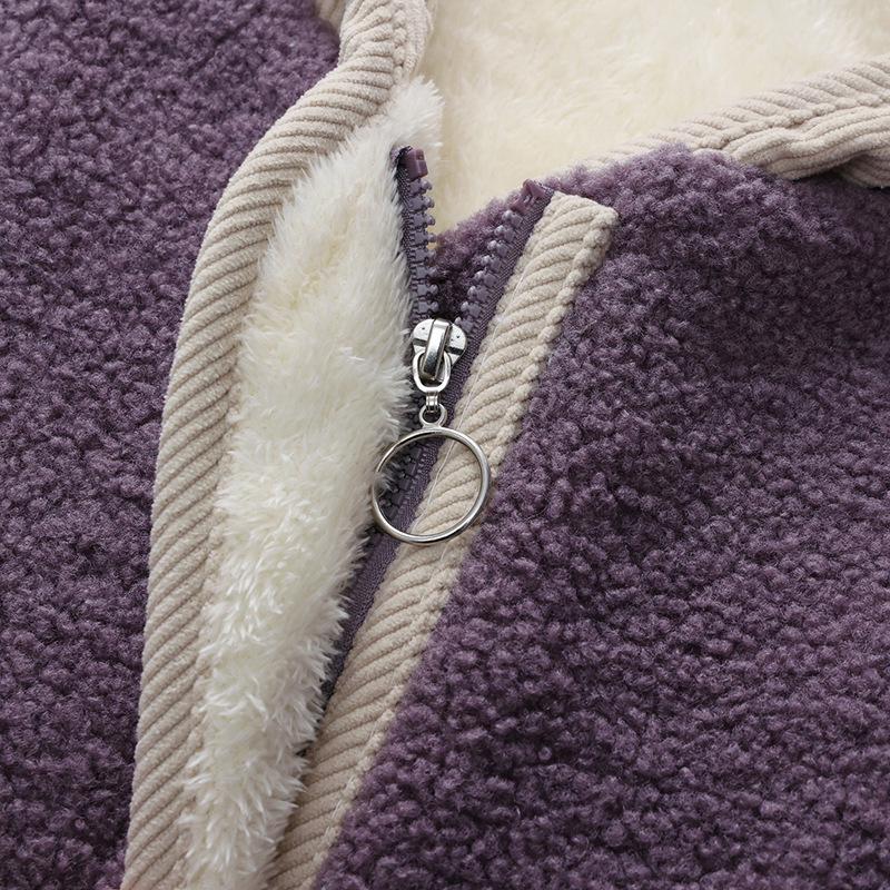 Women's Hooded Lamb Wool Cotton Jacket - Velvet, Thick, Casual Winter Coat for Middle-Aged & Elderly Moms