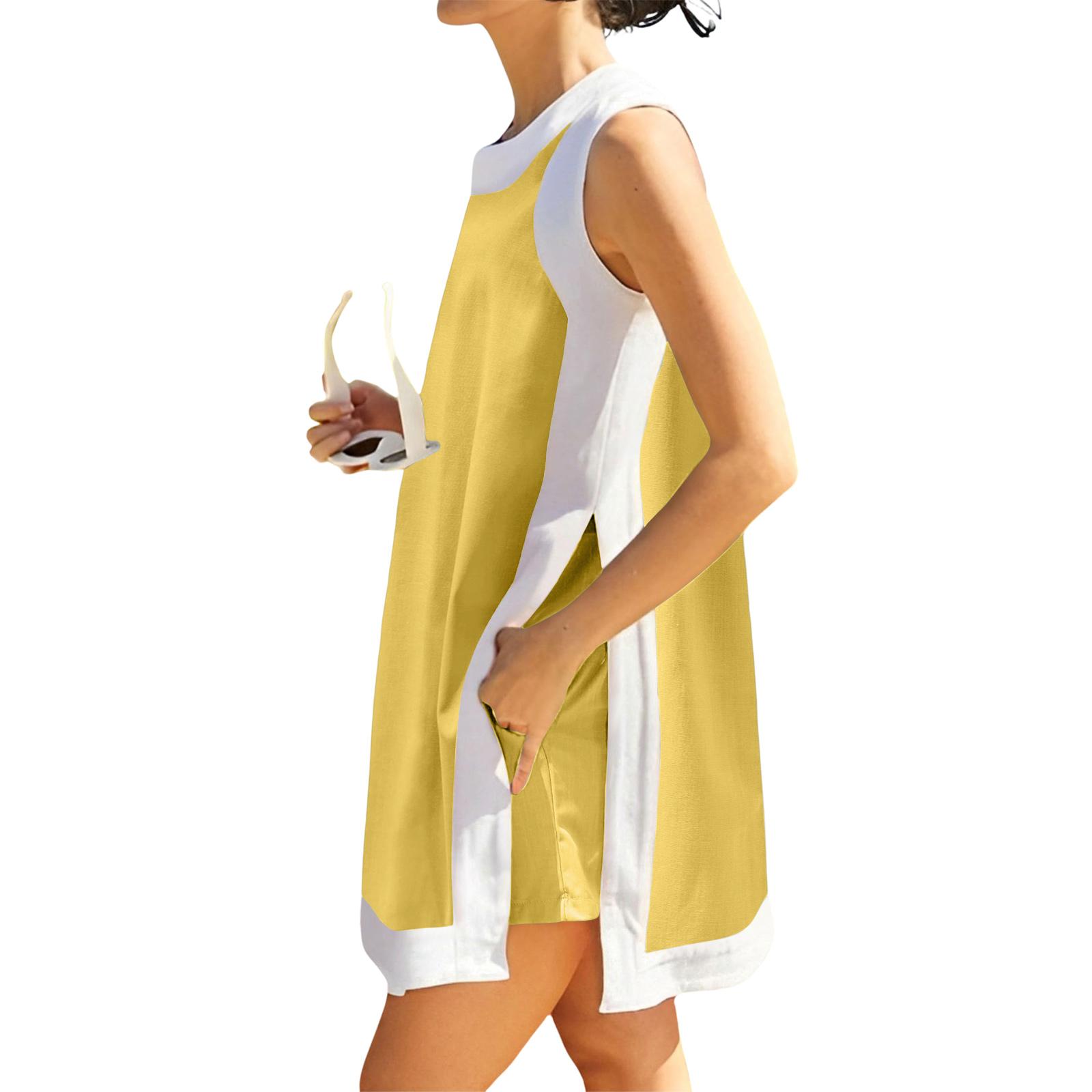 

Женский модный свободный комплект из двух предметов: короткая юбка без рукавов с карманами и шорты S жёлтый