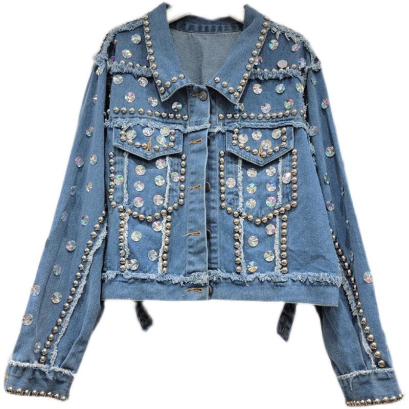 European Station Spring and Autumn New Loose and Skinny BF Heavy Industry Rivet Diamond-encrusted Denim Jacket Jacket Female Trend Brand