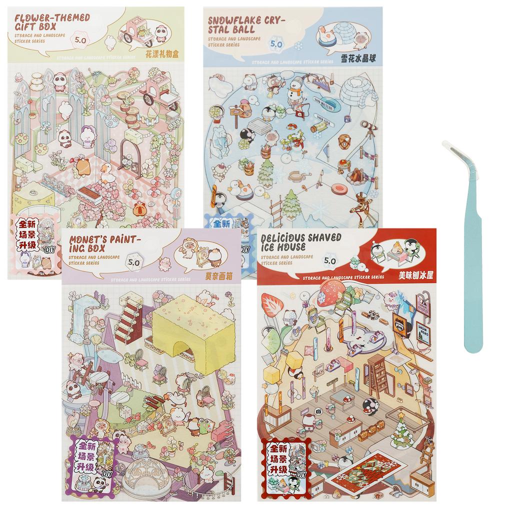 3D Landscaping Stickers Cartoon Forest Village 3D Effect Stickers Pocket Chalet Scene Book Stacking Stickers Birthday Gift