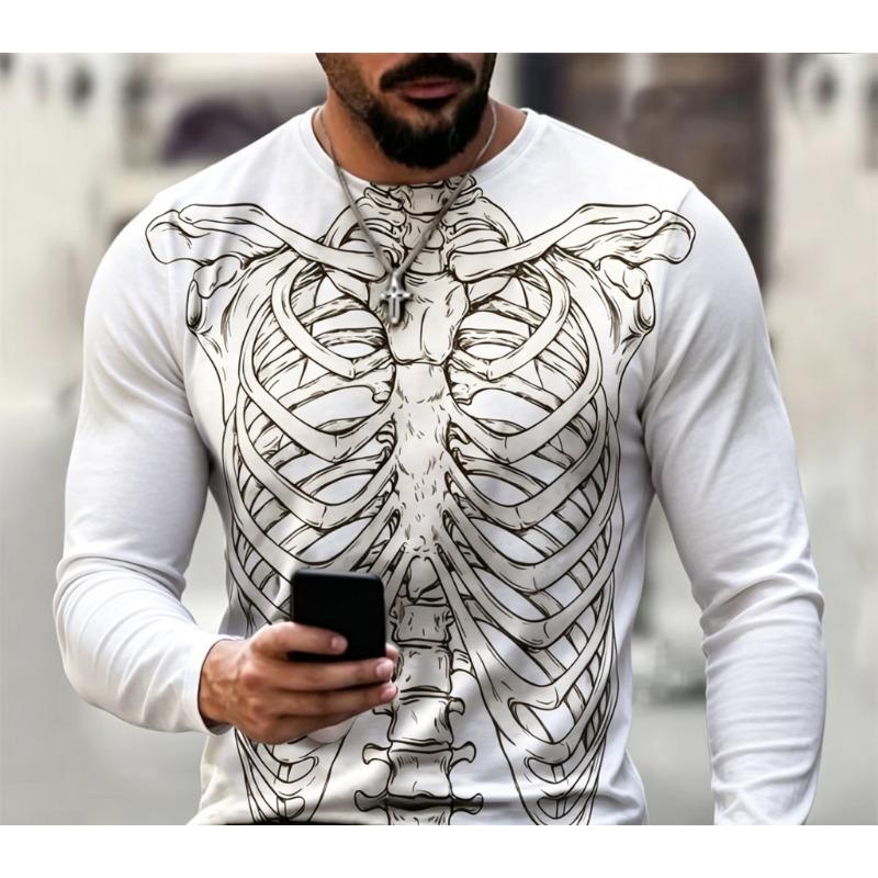 Maglietta da Uomo a Maniche Lunghe Girocollo con Stampa 3D Gabbia Toracica Scheletrica, Top a Maniche Lunghe Casual Streetwear con Grafica Teschio Gotico