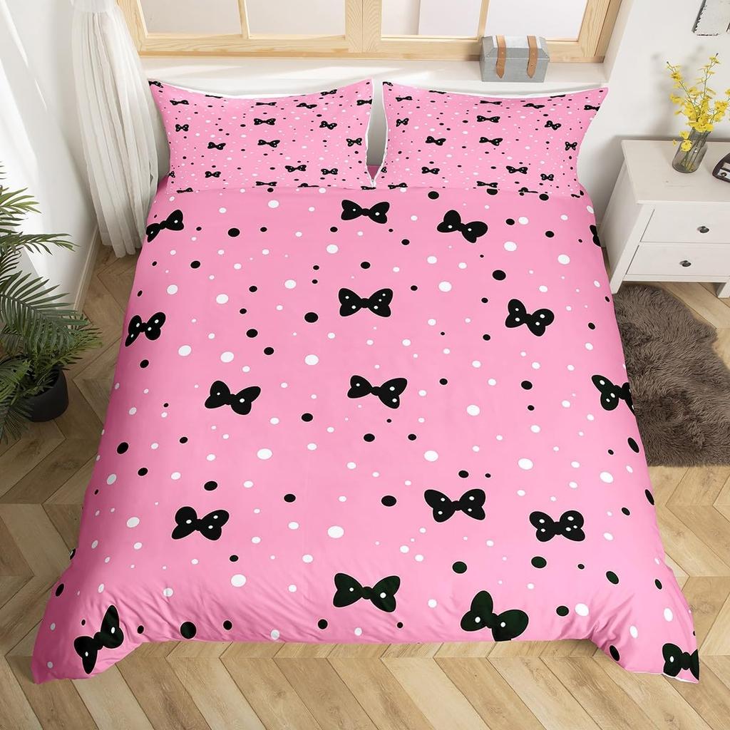 Simple Bow Knot Duvet Cover Twin SizeCartoon Kawaii Bedding SetCute Bows Ribbon Printed Comforter Cover for Girl Women Bedroom