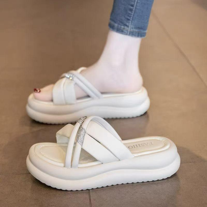 Sandals women's summer simple new soft-soled non-slip one-word drag muffin bottom rhinestone thick-soled beach shoes