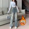 Vintage High-Waist Fleece-Lined Jeans for Women - 2024 Autumn/Winter, Slimming Straight/Wide-Leg Style