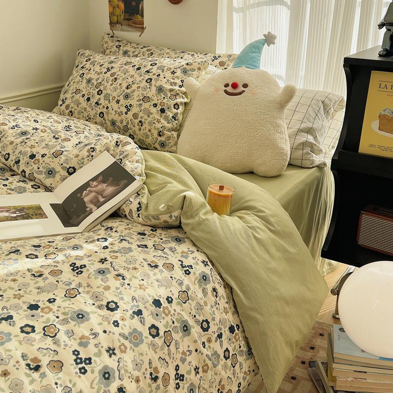 Juego de cuatro piezas de algodón puro de 60 hilos, cama gruesa de algodón puro, juego de tres piezas, algodón de fibra larga, funda de edredón pequeña y fresca, sábana ajustable