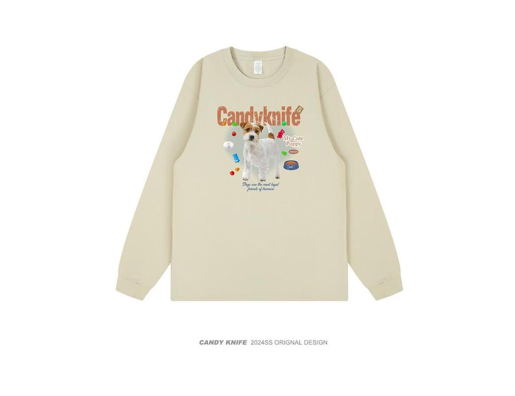 Korean Style Quirky Puppy Print Cuffed Long Sleeve Cotton T-Shirt for Couples - Autumn/Winter