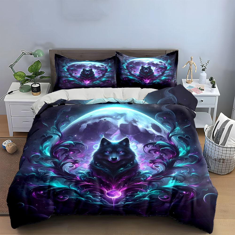 Mystical Wolf and Moon Design Bedding Duvet Cover Set  (1*Duvet Cover 2*Pillowcases, Without Duvet Insert)