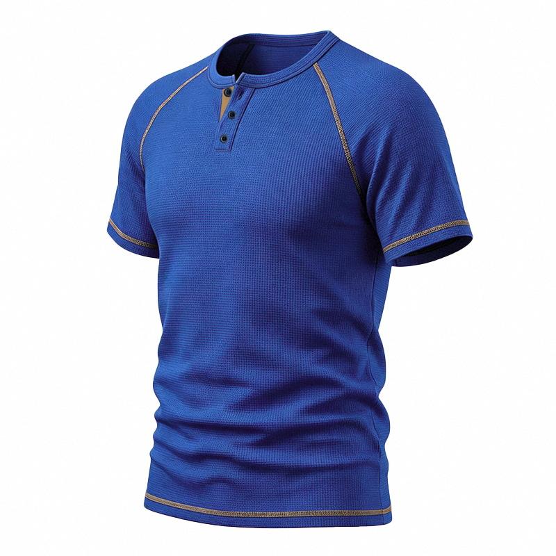 Mens Waffle Henley Collar Raglan Short Sleeve Color Block Casual T Shirt