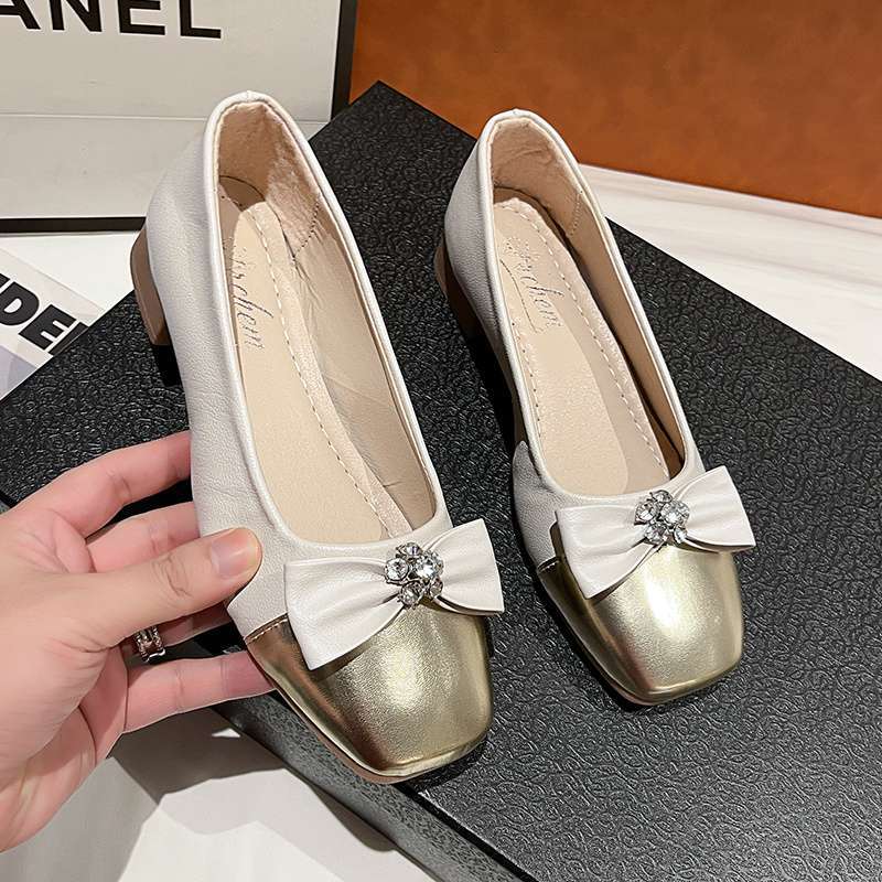 Soft-soled foreign-style single shoes women's spring and summer new fairy versatile shallow-mouth bow Doudou shoes square head flat-soled women's s