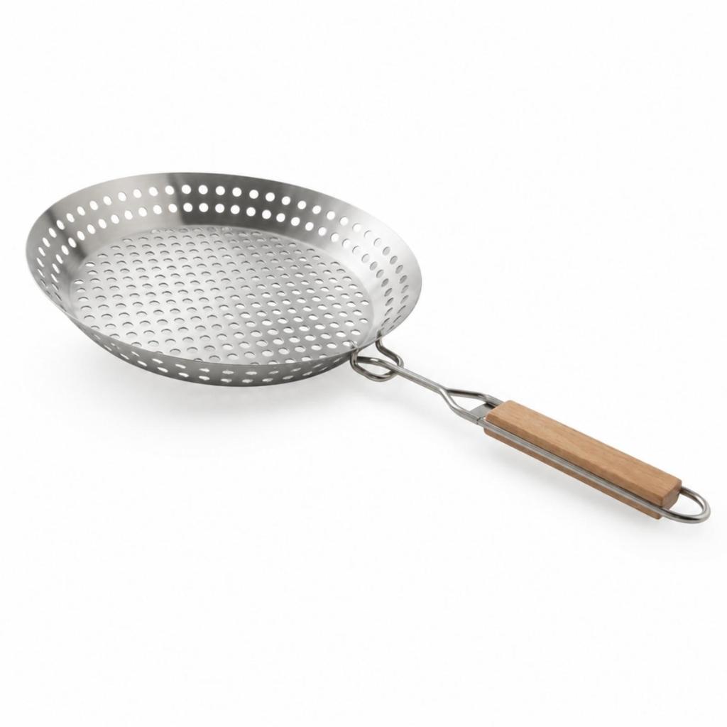 Stainless Steel Perforated Grilling Pan with Detachable Handle Portable Round Barbecue