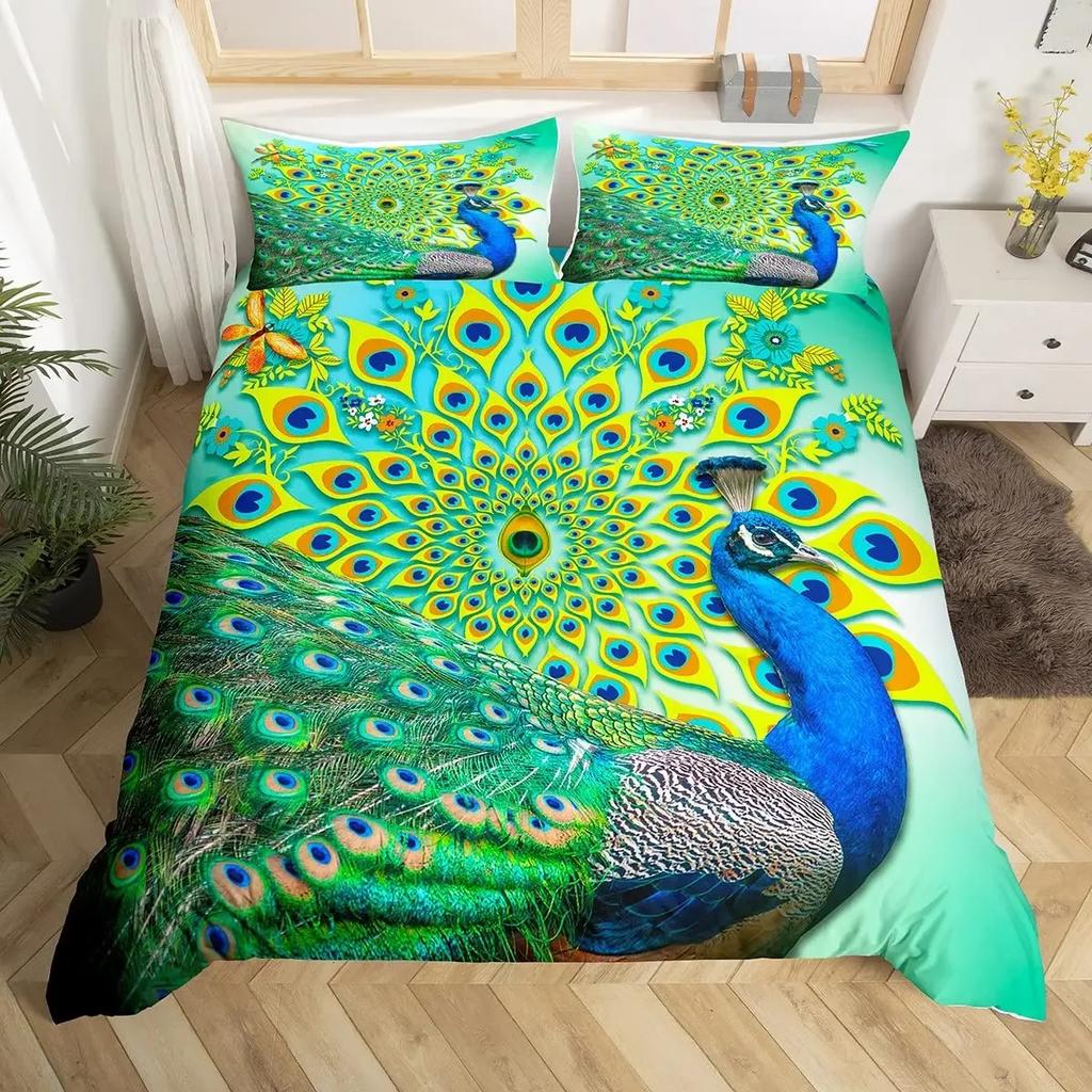 Conjunto de Capa de Edredom Pavão de Luxo Tamanho Twin King Queen Selva Selvagem Animal Capa de Colcha Microfibra Pássaro Exótico Animal Conjunto de Roupa de Cama