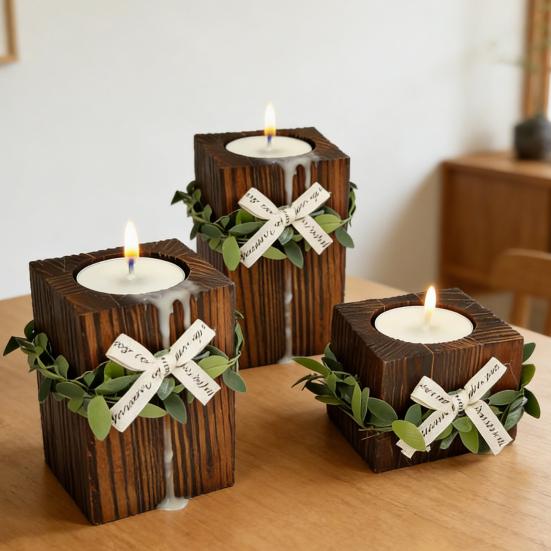 Wooden Tealight Candle Holder Rustic Wood Pillar Candle Stand with Bow Vintage Table Centerpiece for Fireplace Living Dining Room
