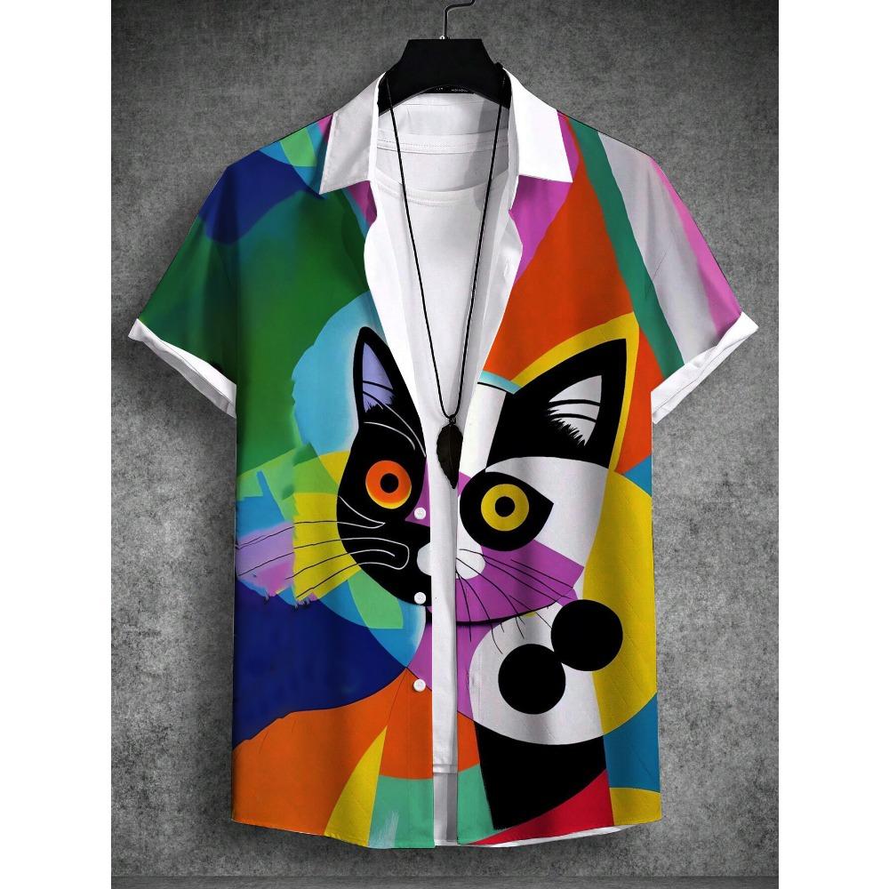 Camisas de Hombre Arte Gráfico de Gato Impresión 3D Camisas Simples Verano 2025 Tops de Manga Corta Ropa de Calle Holgada Casual Camisa Hawaiana