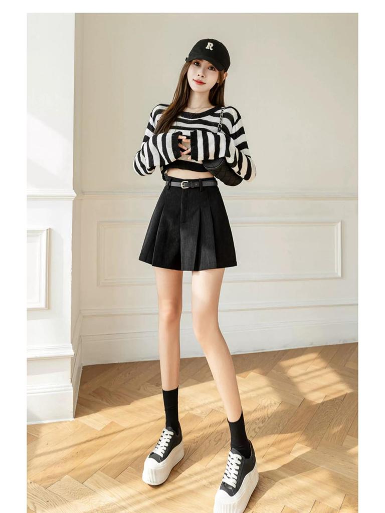 Women's High Waist Corduroy A-line Pleated Culottes Winter Shorts 2024