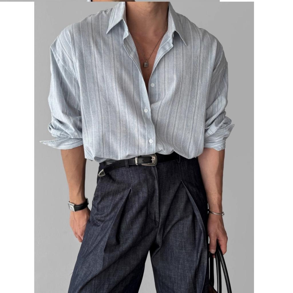 Lněná košile s dlouhým rukávem s proužky pro muže na jaro a léto, lehký a vyzrálý styl, ležérní a lehká košile