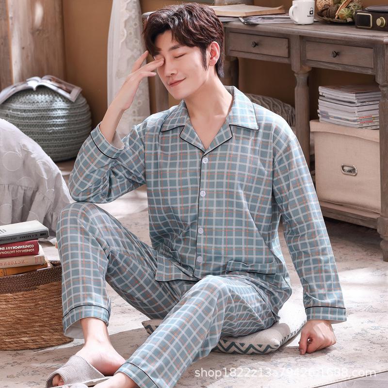 Men's Printed Long Sleeve Knit Cotton Pajama Set with Cardigan Lapel for Spring, Autumn, Winter