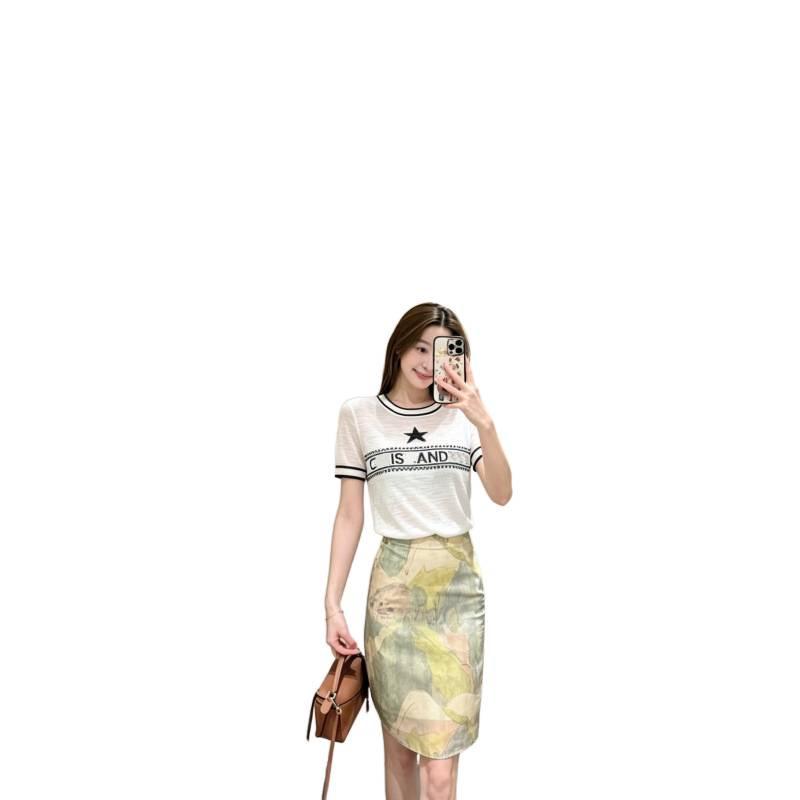 D Brand European-Style Star Letter Knit Round Neck Short Sleeve Top