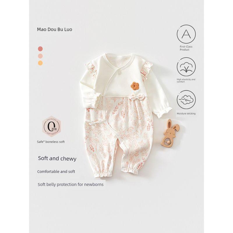 with Diagonal Placket and Tie-Up Belly Protection, Butterfly-Style Clothing for Spring and Autumn, Newborn Baby Long-Sleeve Romper for All Seasons