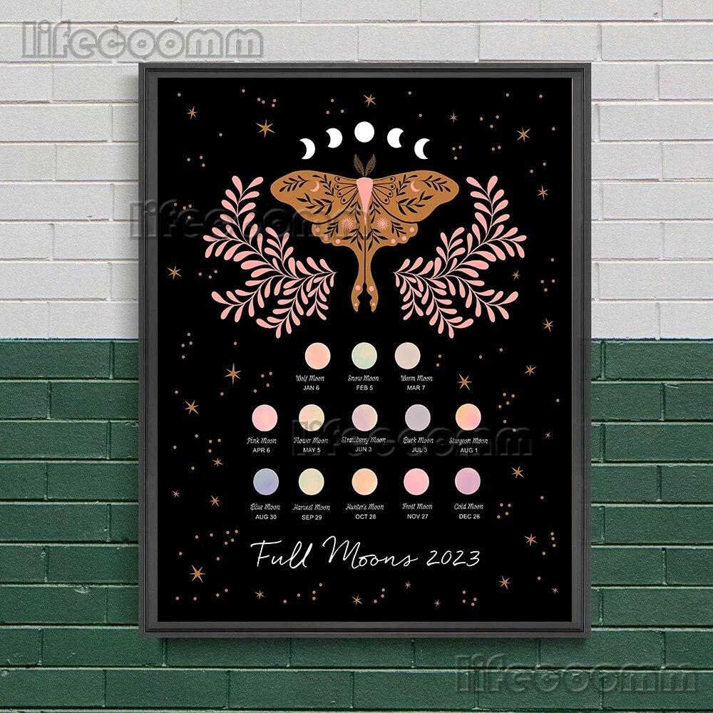 2023 księżycowa faza księżyca i magiczna ćma obraz ścienny na płótnie wąż, roślina, księżyc, elementy czarów plakat artystyczny dekoracja z nadrukiem bez ramki
