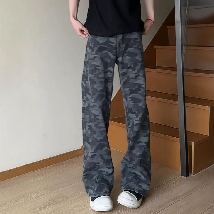 Autumn American High Street Logging Camouflage Jeans Men's Slim-fitting and Thin Tooling Pants Straight-leg Micro-pull Pants