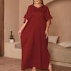 Plus Size Middle Eastern Women's Solid Color Round Neck Bow Slit Long Dress - Loose, Elegant, and Comfortable
