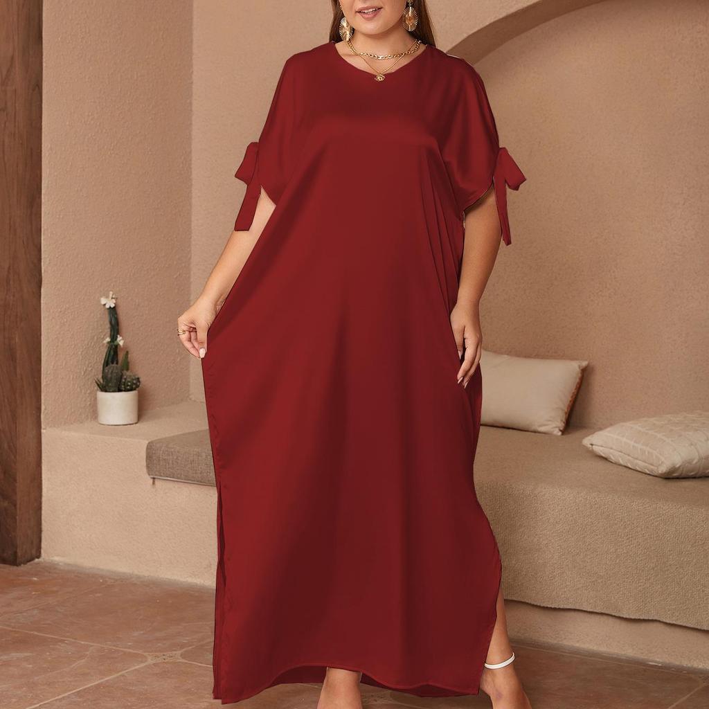 Plus Size Middle Eastern Women's Solid Color Round Neck Bow Slit Long Dress - Loose, Elegant, and Comfortable