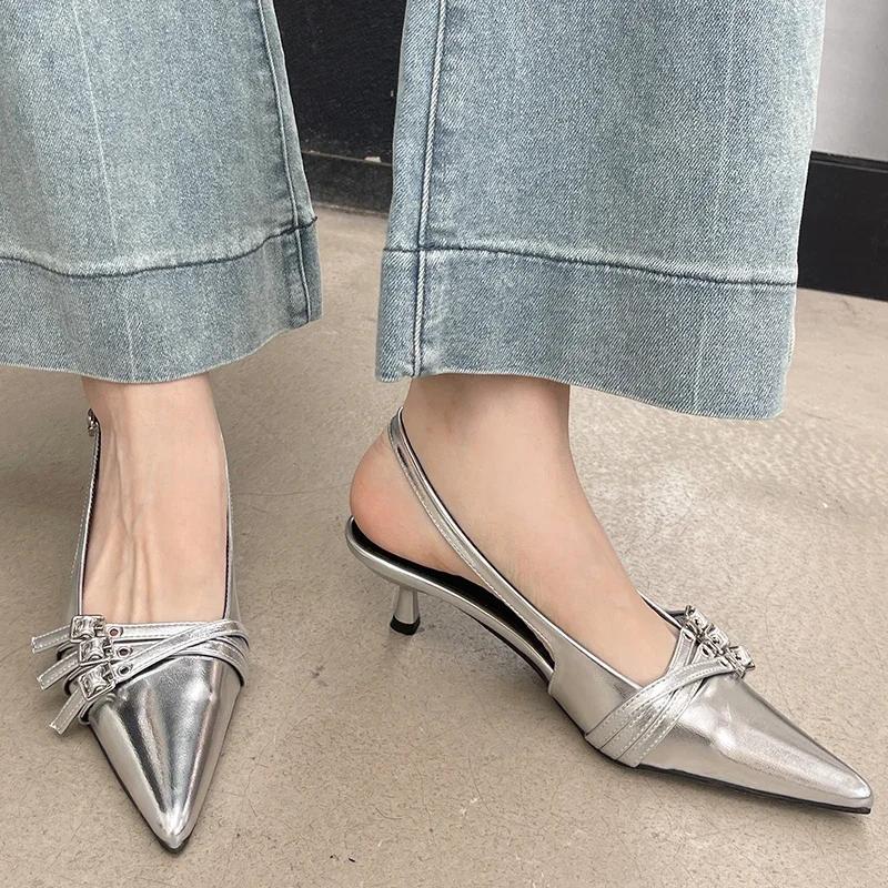Fashion Pointed Toe Shallow Pumps Ladies Heels Shoes Female Fashion Slingbacks New in Medium Heels Shoes For Women Footwear Mules