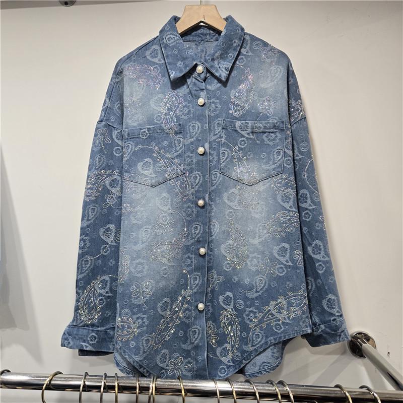 2026 European Spring Jacquard Rhinestone Denim Shirt - Casual Korean Style