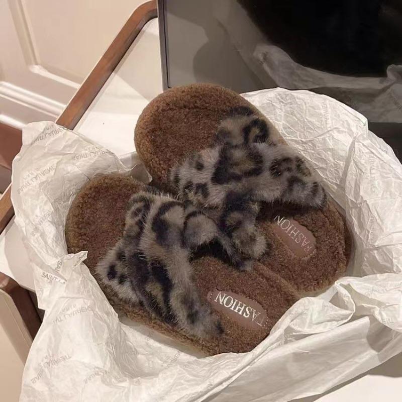 Thick Bottom Heightened Leopard Print Fluffy Slippers Women's Autumn and Winter New Design Sense Niche Cross Casual Cotton Slippers Tide