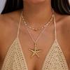 Layered Gold Starfish Pendant Necklace Women White Seed Bead Rope Cord Choker Boho Beach Summer Vacation Jewelry