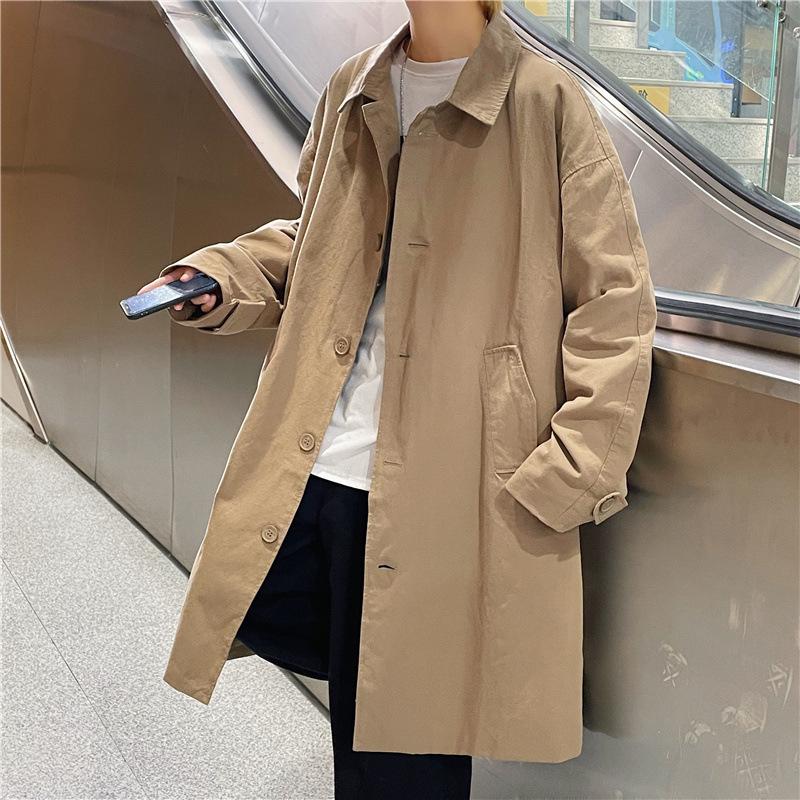 Autumn Mid-Length Trench Coat: Japanese-Influenced, Solid Color, Hong Kong and Korean Style, Casual & Trendy Men's Jacket