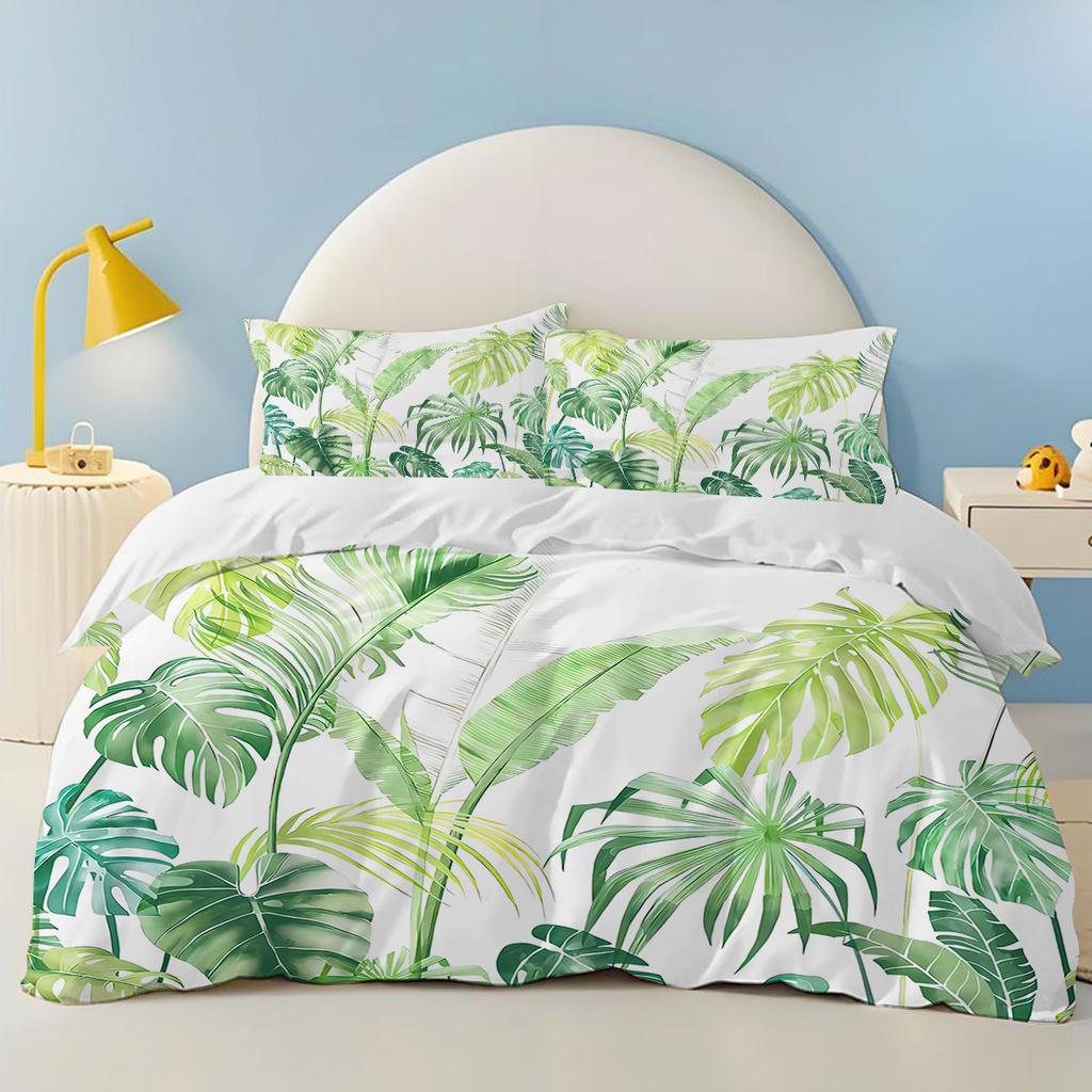 Green plants Palm leaves 100% PolyesterAnime Printed Bedding Set Duvet Cover Queen Cotton Cute Printed Cartoon Quilt Cover