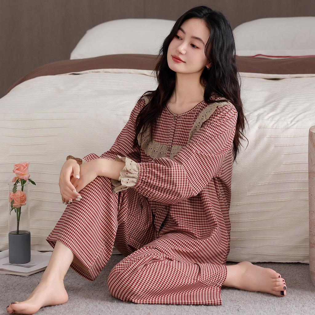 Sweet Princess Style Soft Cotton Pajamas Women's Spring and Autumn New Pullover Plaid Mother Long Sleeve Loose Loungewear