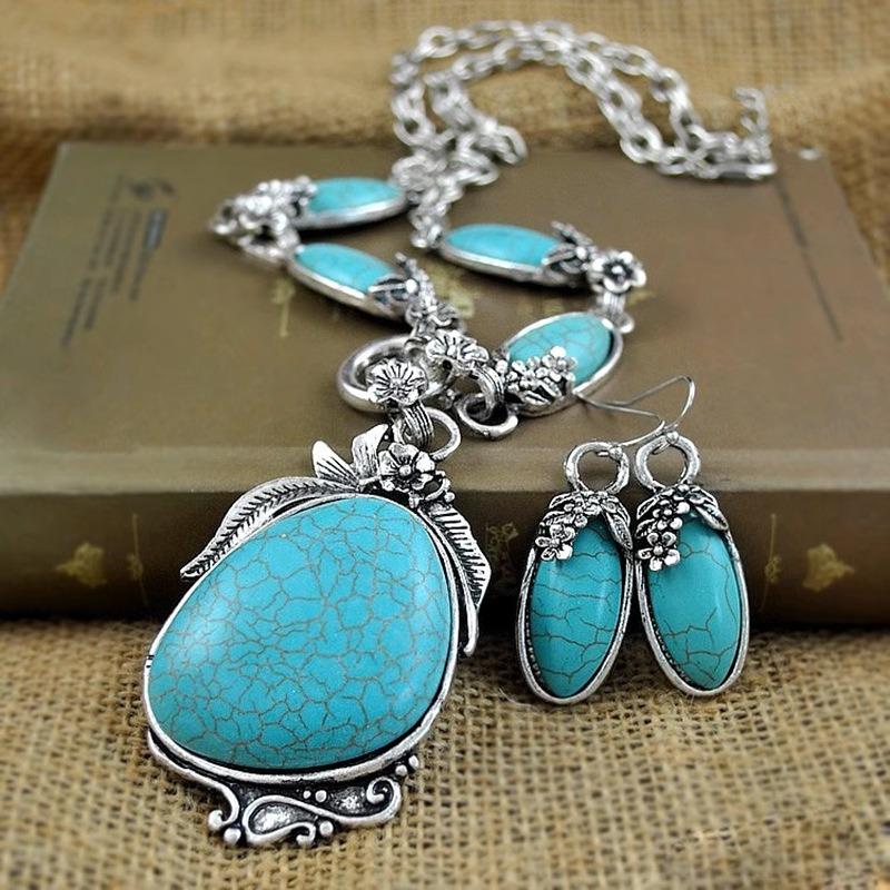 Retro Bohemian Style Synthetic Turquoise Necklace Earring Set Fashionable Personalized Jewelry Gift