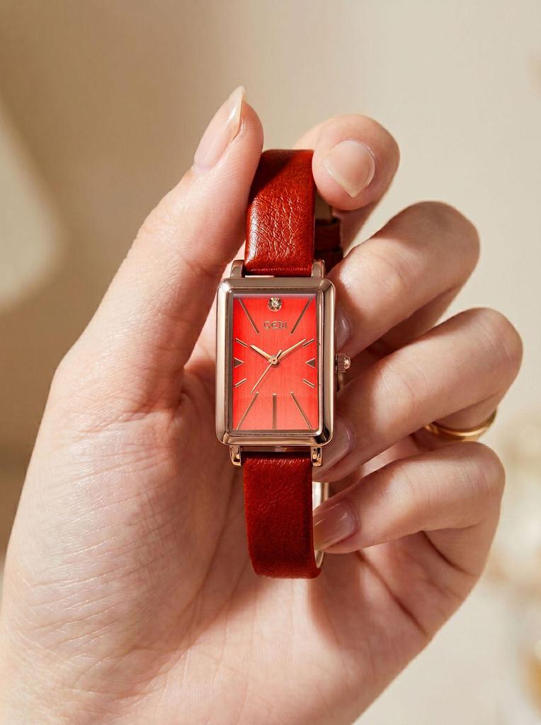 Gedi Rose Gold Small Quartz Watch with Silver Dial & Black Leather Strap
